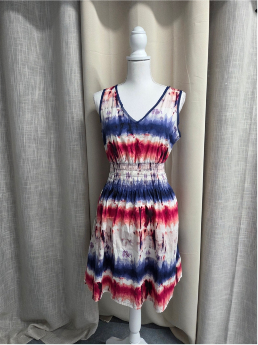 Simply Vera Sleeveless Tie-Dye Casual V-Neck Midi Dress Red Blue White FSize M